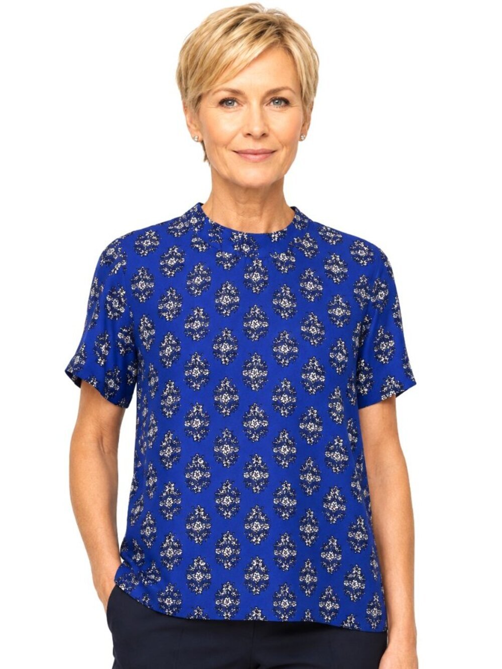 Madewell Blue Print Short Sleeve Silk Top
